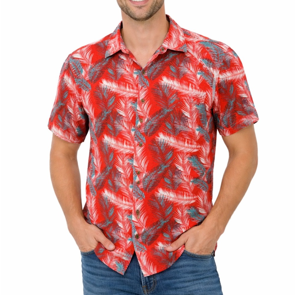 Goodfellow & Co slim fit orange blue tropical short sleeve Hawaiian shirt medium